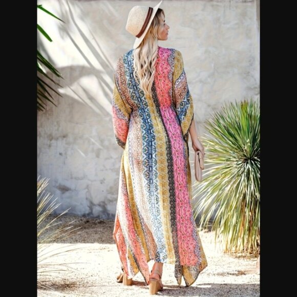 Kimono Tie Front Boho Multicolor Swim Cover Up One Size NEW - Picture 2 of 3
